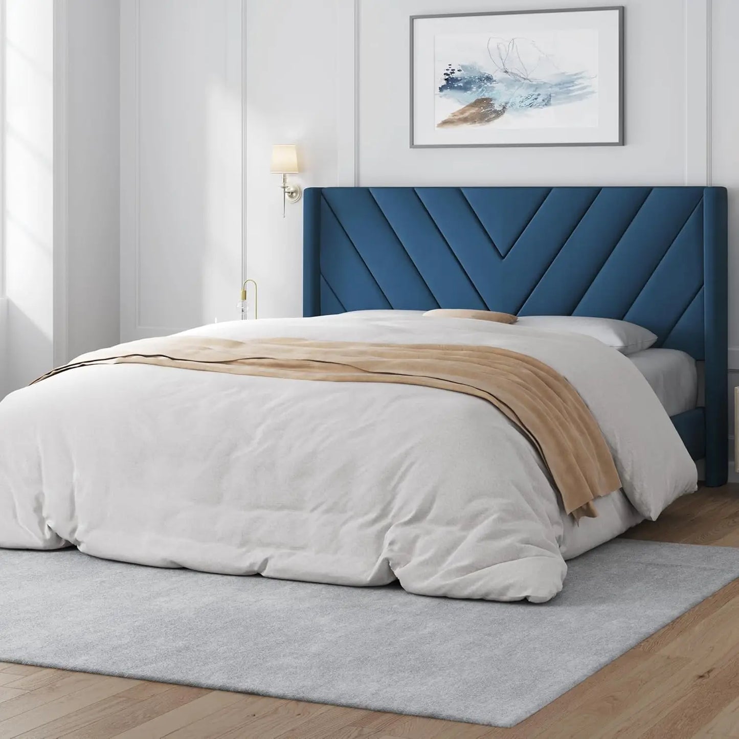 Queen Upholstered Platform Bed with Tufted Wingback Headboard & Wooden Slat Support
