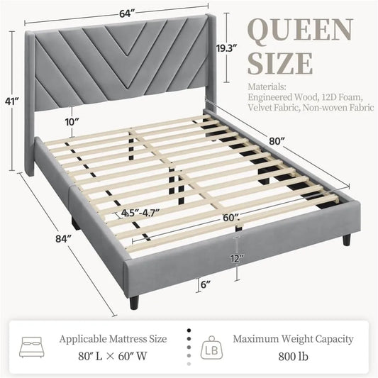 Queen Upholstered Platform Bed with Tufted Wingback Headboard & Wooden Slat Support