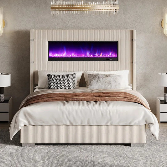 Modern Queen Size Wingback Platform Bed Frame with Built-in Fireplace